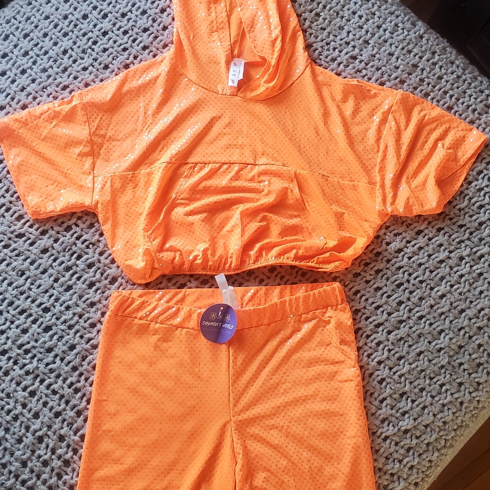 Bright Orange Hooded Crop Top and Shorts Set